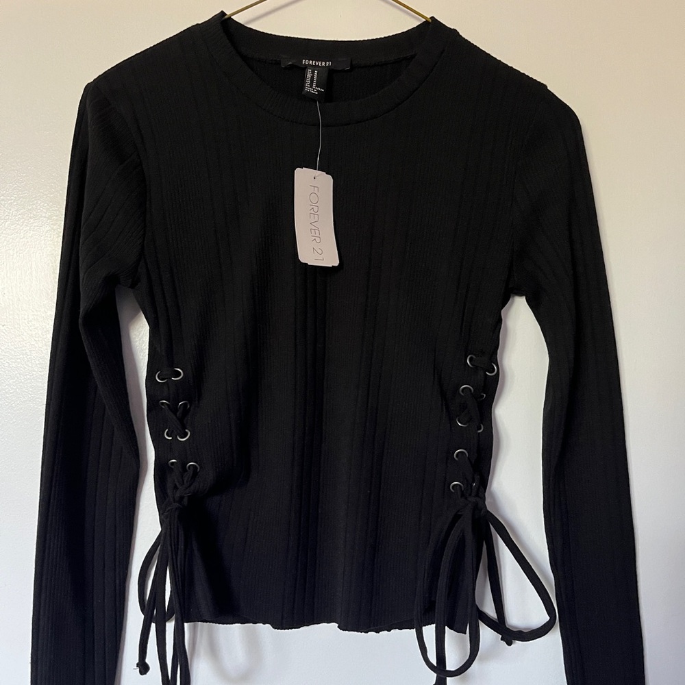 Forever 21 Black Lace-Up Ribbed Knit Top